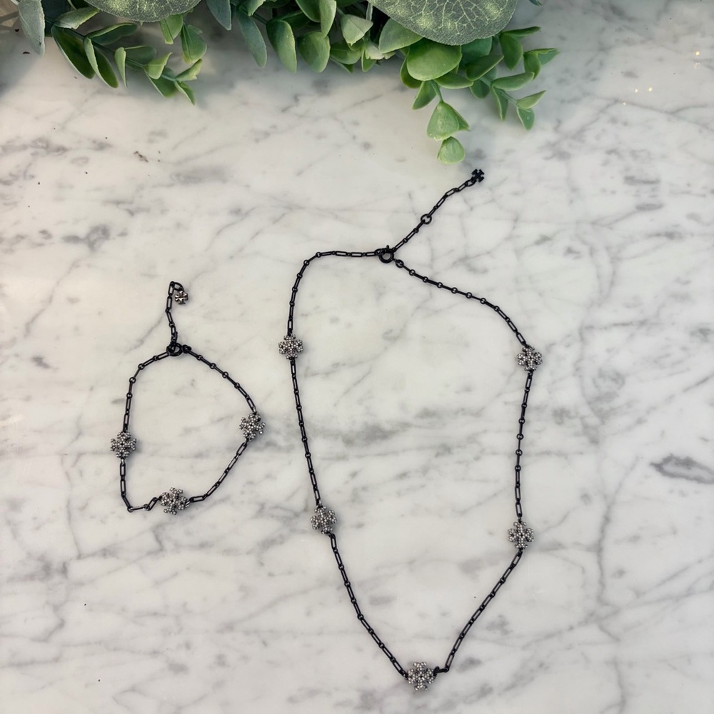 Tory Burch Roxanne Dainty Pewter/Crystal Chain Necklace & Bracelet Set